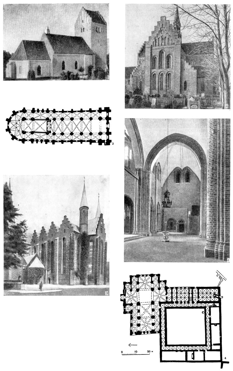Нёрре-Альслев. Церковь, около 1300 г. Колокольня XV в. (1); Роскилле. Собор, 1190 г. (2); Орхус. Собор, 1467—1471 гг. (3); Лёгумклостер. Монастырская церковь, 1-я половина XIII в. (4)