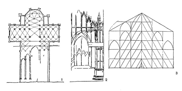 Чертежи Миланского собора: 1 — план и фрагмент разреза; 2 — часть фасада; 3 — пропорциональная схема собора