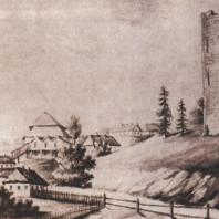 Каменецкая башня, слева — деревянная синагога. Рисунок Н. Орды. 1876