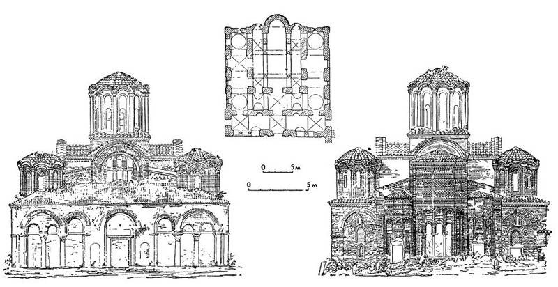 Фессалоники. Церковь Апостолов, конец XIII — начало XIV в.: западный фасад, план, восточный фасад