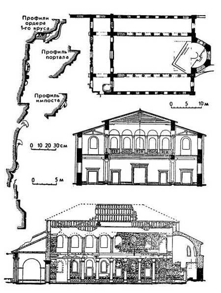 Константинополь. Базилика Студийского монастыря, 463 г.: план 1-го этажа, поперечный разрез (реконструкция), продольный разрез, детали