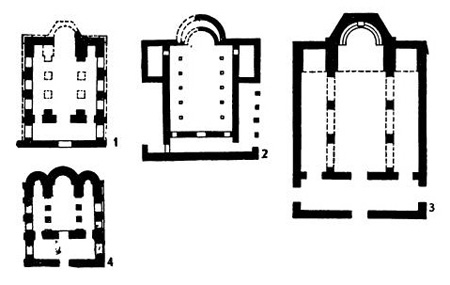 Планы базилик. Плиска: 1 — маленькая базилика с псевдоконструктивными аркадами; 3 — маленькие базилики, вторая половина IX в.; Преслав. 2 — Оазилика в Делидушке, IX—X вв.; 4 — базилика в Гебеклисе
