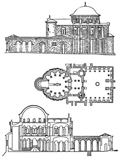 Преслав. Круглая церковь, X в. Фасад, план и продольный разрез (реконструкции)
