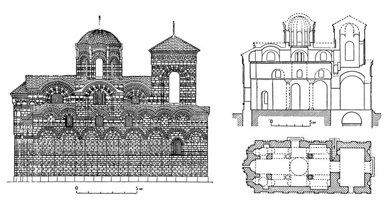 Месемврия. Церковь Вседержителя (Пантократора), конец XIII—XIV в. План, разрез и северный фасад (реконструкция)