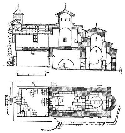 Бояна близ Софии. Церковь Пантелеймона и Николая, XI—XII вв. План и продольный разрез