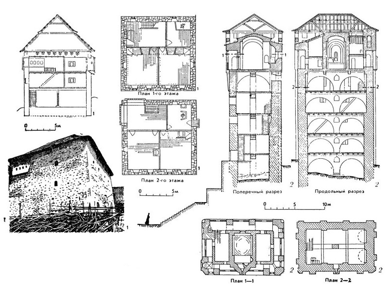 Жилые здания XII—XIV вв.: 1 — дом в Калениче (разрез, планы и общий вид); 2 — пирг в Хиландаре (разрезы и планы)