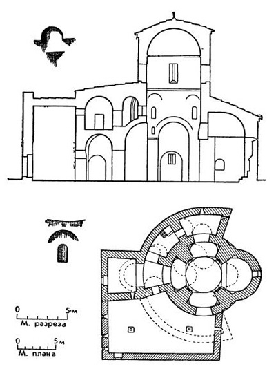 Петрова церковь близ Нови-Пазара в Расе, X в. План, разрез, детали тромпов
