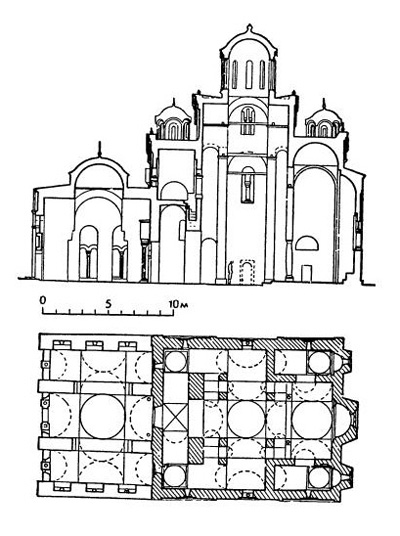Грачаница. Церковь. 1321 г. Разрез, план