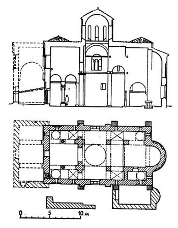 Старо-Нагоричино. Церковь Георгия, 1313 г. План, разрез
