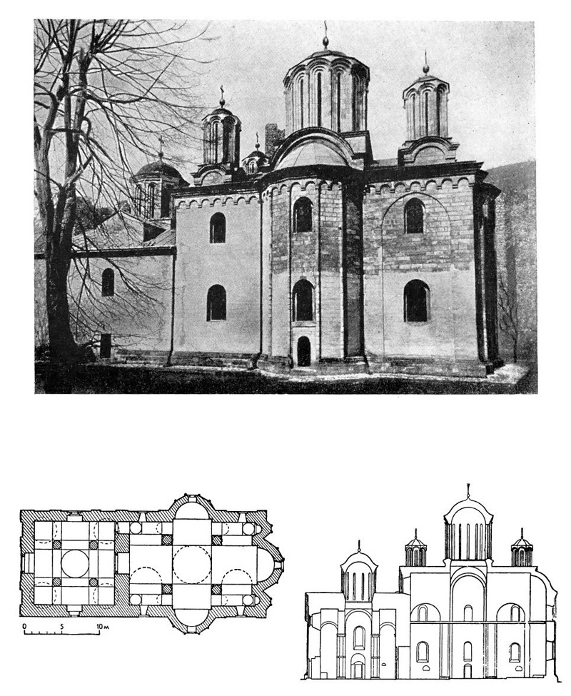 Манасия. Церковь, 1407—1418 гг. Вид с юга, план и разрез