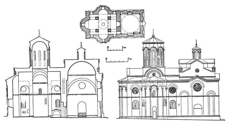 Любостыня. Церковь, 1378—1388 гг., арх. Раде Бороевич. Северный фасад, план и разрез