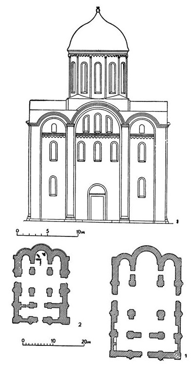 Владимир-Волынский: 1 — Успенский собор (западный фасад и план); 2 — церковь Федора («Старая катедра»), XII в. (план)
