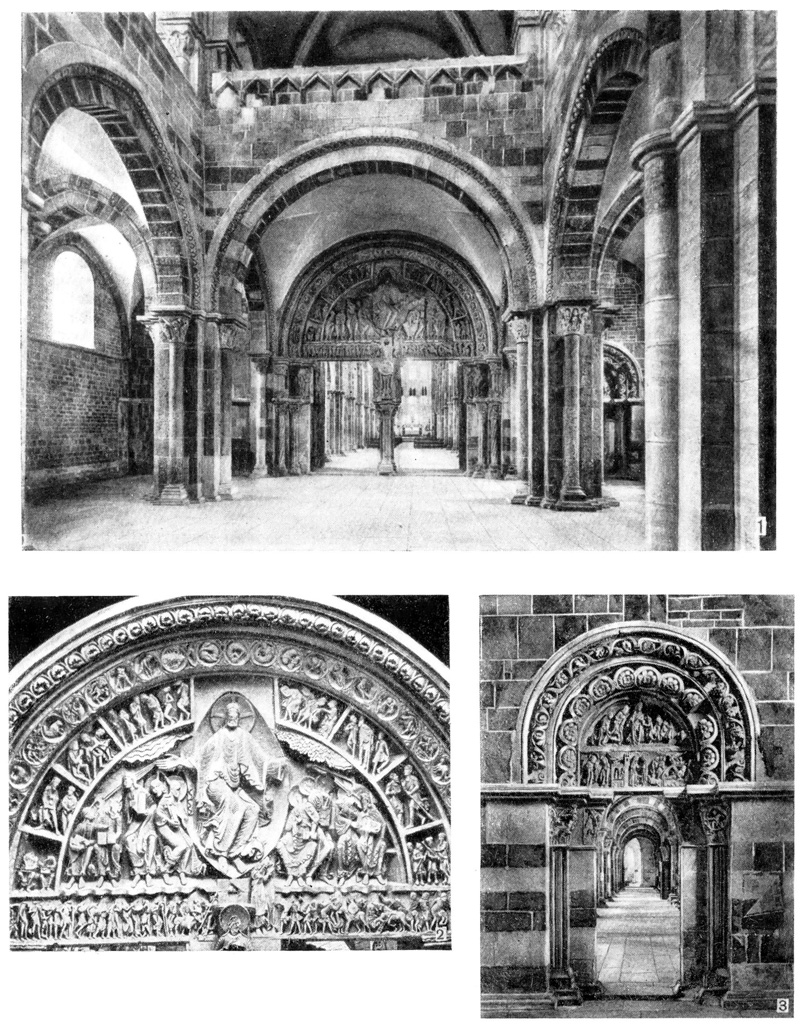 Везлэ (Бургундия). Монастырская церковь, 1120—1150 гг.: 1 — интерьер нартекса; 2 — тимпан; 3 — тимпан бокового портала