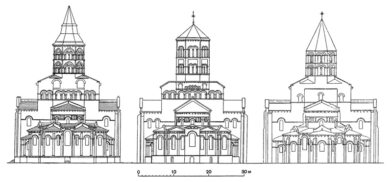 Схемы восточных фасадов монастырских церквей Оверни (Орсиваль, Иссуар, Сен Нектер)