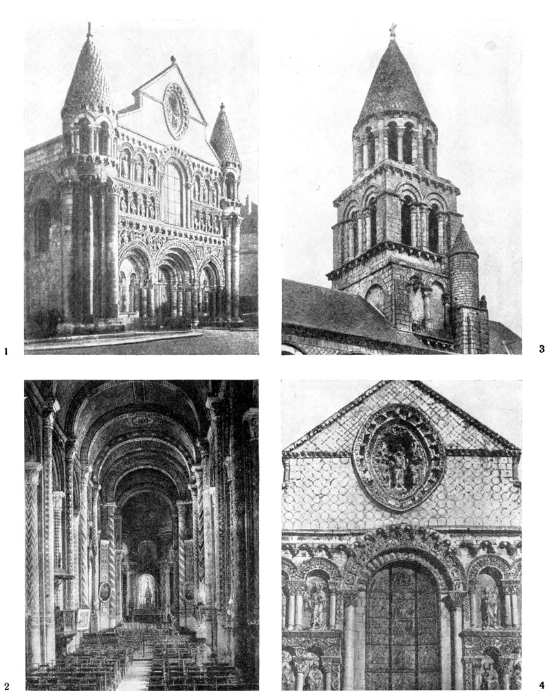 Пуатье. Нотр-Дам-ла-Гранд. 2-я четверть XII в.: 1 — западный фасад; 2 — интерьер центрального нефа; 3 — центральная башня; 4 — фрагмент западного фасада