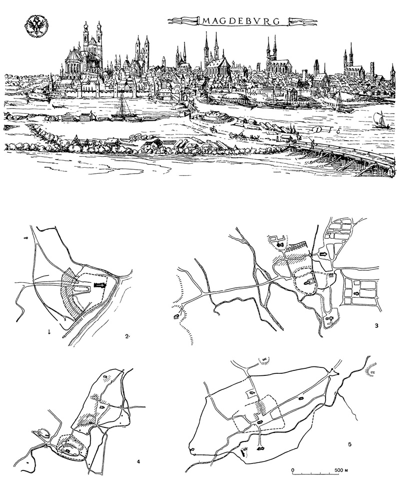 Ранние города Германии: 1 — панорама Магдебурга. Планы: 2 — Шпейера; 3 — Хильдесгайма; 4 — Кведлинбурга; 5 — Гослара