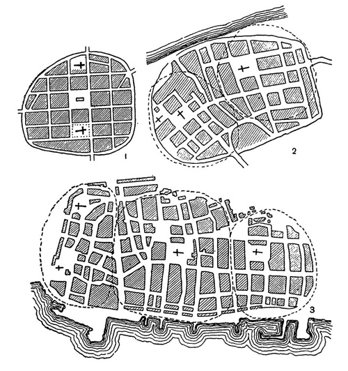 Планы городов на востоке: 1 — Торн; 2 — Росток; 3 — Нейбранденбург
