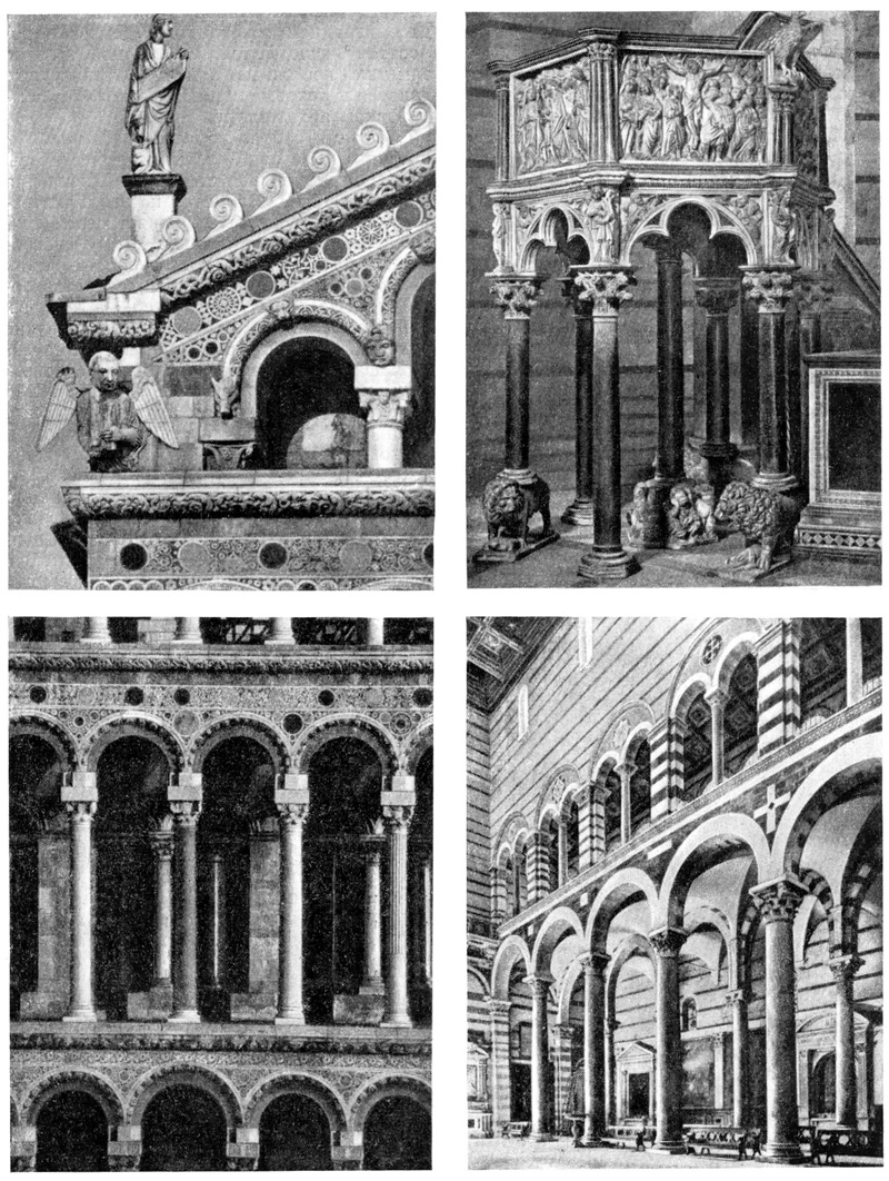 Пиза. Собор: детали фасада и интерьер. Справа вверху — кафедра баптистерия, 1260 г., Н. Пизано