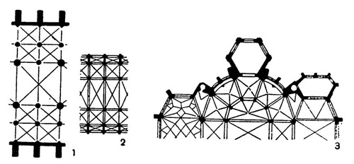 Схемы сводов: 1 — шестичастный крестовый свод; 2 — четырёхчастный крестовый свод; 3 — свод апсиды