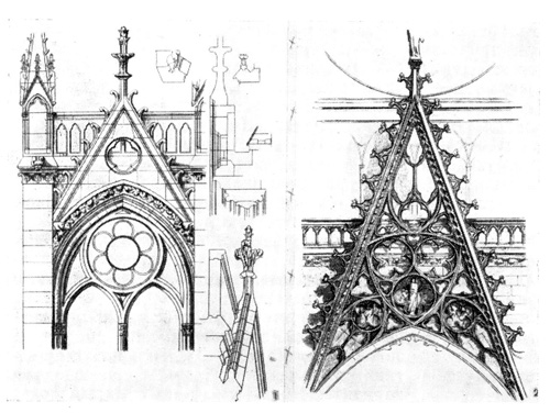 Декоративные детали: 1 — вимперг (фронтон над окном). Фасад и разрез; 2 — вимперг Руанского собора