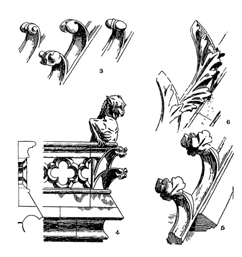 Декоративные детали: 3 — краббы (ранняя готика); 4 — венчающая балюстрада с химерой (собор Парижской богоматери, начало XIII в.); 5 — краббы (XIV в.); 6 — позднеготические краббы