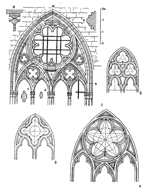 Готические окна: 1 — четырёхчастное окно (собор в Амьене); 2 — построение трёхлопастного оконного мотива; 3 — построение усложненного четырёхлопастного оконного мотива; 4 — построение пятилопастного оконного мотива