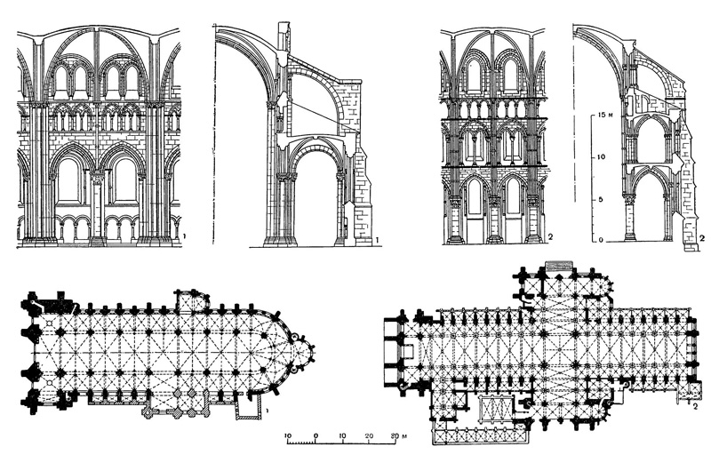 Санс, собор, начат около 1140 г., трансепт 1490— 1517 гг. (1); Лан, собор, 1150—1210 гг. (2)