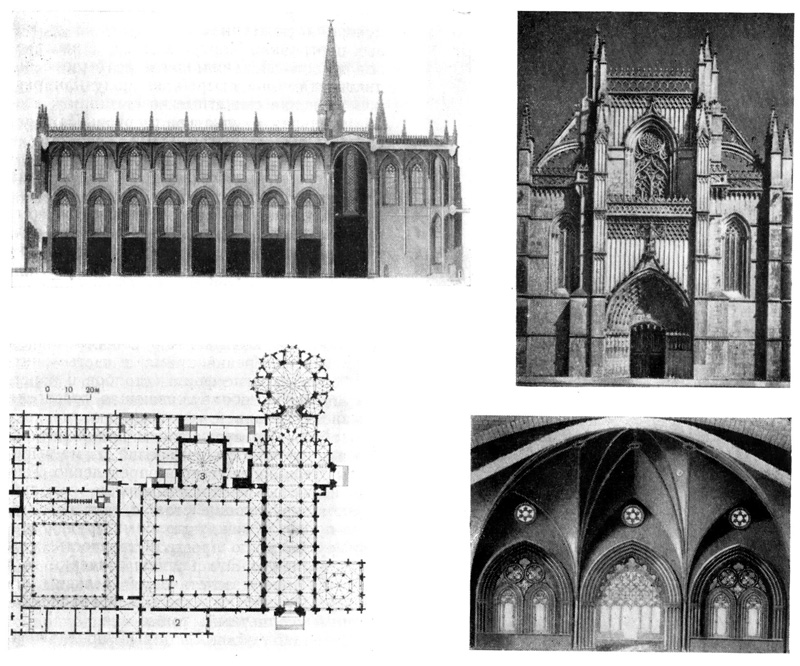 Монастырь Баталья: 1 — церковь, 1388—1116 гг., мастера Афонсо Домингес и Угет; 2 — трапезная; 3 — зал капитула, 1-я половина XV в.