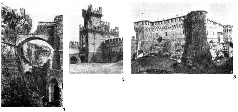Фортецца ди Сарцанелло близ Сарцаны, 1322 г. (1); форт Рокка ди Монтаньяна близ Падуи, XIII—XIV вв. (2); форт Рокка ди Градара близ Пезаро, 1325 г. (3) 