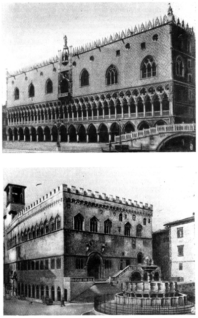 Венеция. Палаццо Дожей, начат в 1309 г. (1); Перуджия. Палаццо Приори и фонтан Маджоре; фонтан — 1275—1278 гг., при участии Никколо и Джованни Пизано (2)