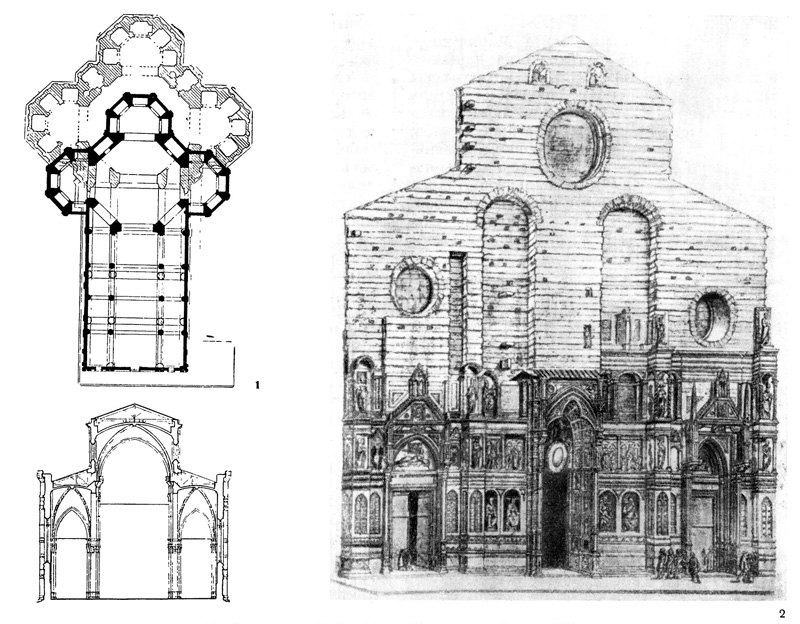 Флоренция. Собор Санта Мариа дель Фьоре, 1294 г.: 1 — совмещенный план собора по проекту Арнольфо ди Камбио и по натуре; 2 — изображение первоначального фасада по проекту Арнольфо