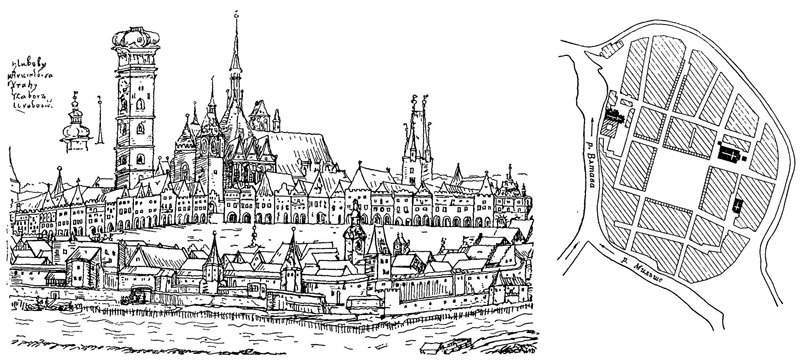 Ческе-Будейовице. Общий вид города по гравюре 1602 г. и план города