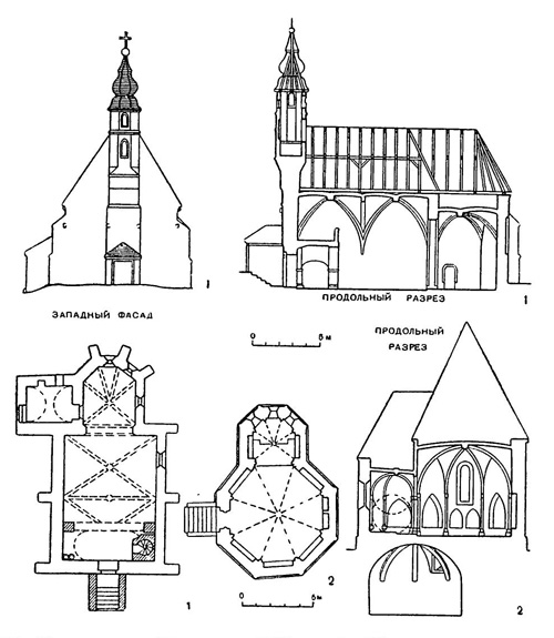 Ноградшап. Церковь, XV в. (1); Шопрон. Кладбищенская капелла св. Якова, середина XIII в. (2)