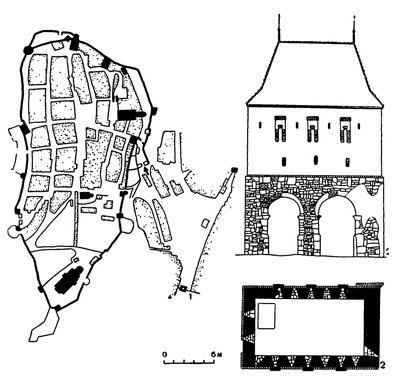 Сигишоара: 1 — план города 1750 г.; 2 — башня Портных