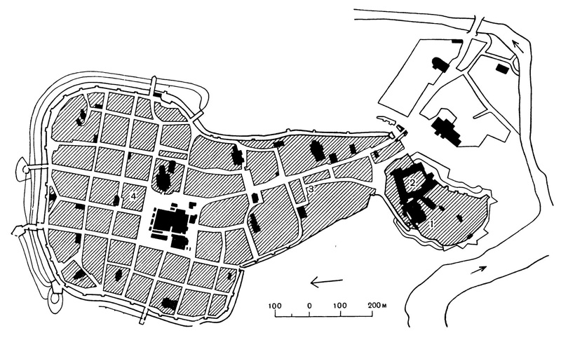 Краков. Средневековый план города: 1 — Вавель; 2 — замок; 3 — древнейшая часть города; 4 — город XIII—XIV вв.