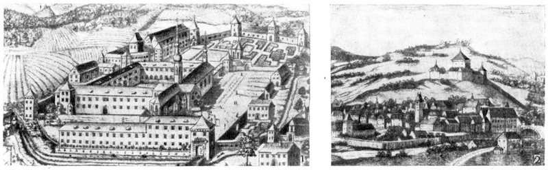 Монастырь Стично (1); город Шкофья Лока (2). Гравюры XVII в.