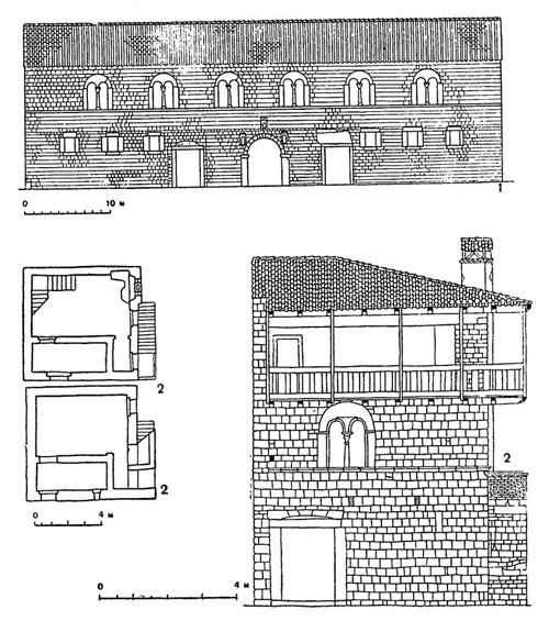 Пореч: 1 — дом соборных каноников, 1251 г.; 2 — дом на углу Красной площади и Декумануса, XIII в.