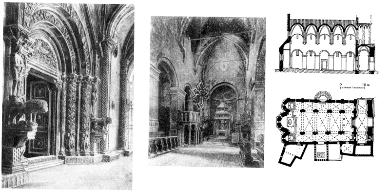 Трогир. Собор, 1-я половина XIII в. Портал собора, 1240 г., мастер Радован, внутренний вид с запада, план, разрез