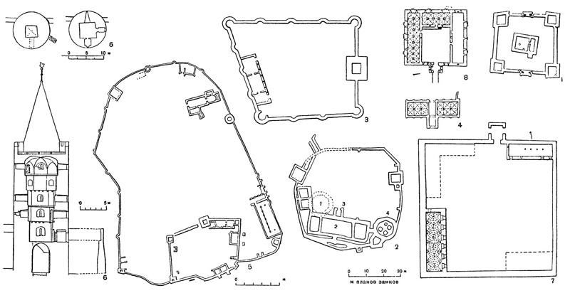 Гурре. Башня, конец XII в. (1); Сёборг, замок, до 1182 г. (2): 1 — фундамент ранней, сложенной из булыжника башни; 2, 3 — главное здание с крыльцом; 4 — часовня; Нюборг, замок, XIII в. (3) Арессё. Дворец замка Дроннингхольм, XIII в. (4); Вордингборг. Городские укрепления, около 1362 г. (5); Вордингборг. «Гусиная башня», после 1362 г. (6); Кронборг. Замок Кроген, около 1426 г. (7); Спётруп, замок, конец XV — начало XVI в. (8)