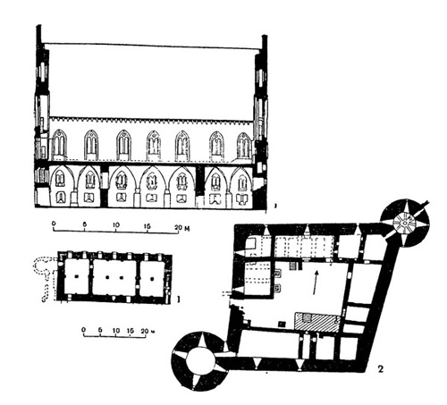 Берген. Королевский зал, окончен в 1261 г. (1); Стейнвиксхольм. Замок, 1525—1535 гг. (2)
