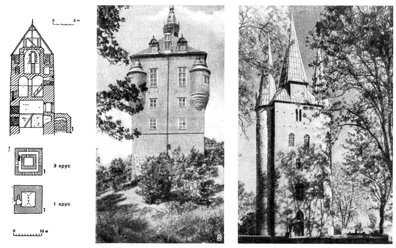 Висбю. «Пороховая» башня, середина XII в. (1); Вик. Замок, конец XV в. (2); Хюсабю. Башня-колокольня, XI в. (3)